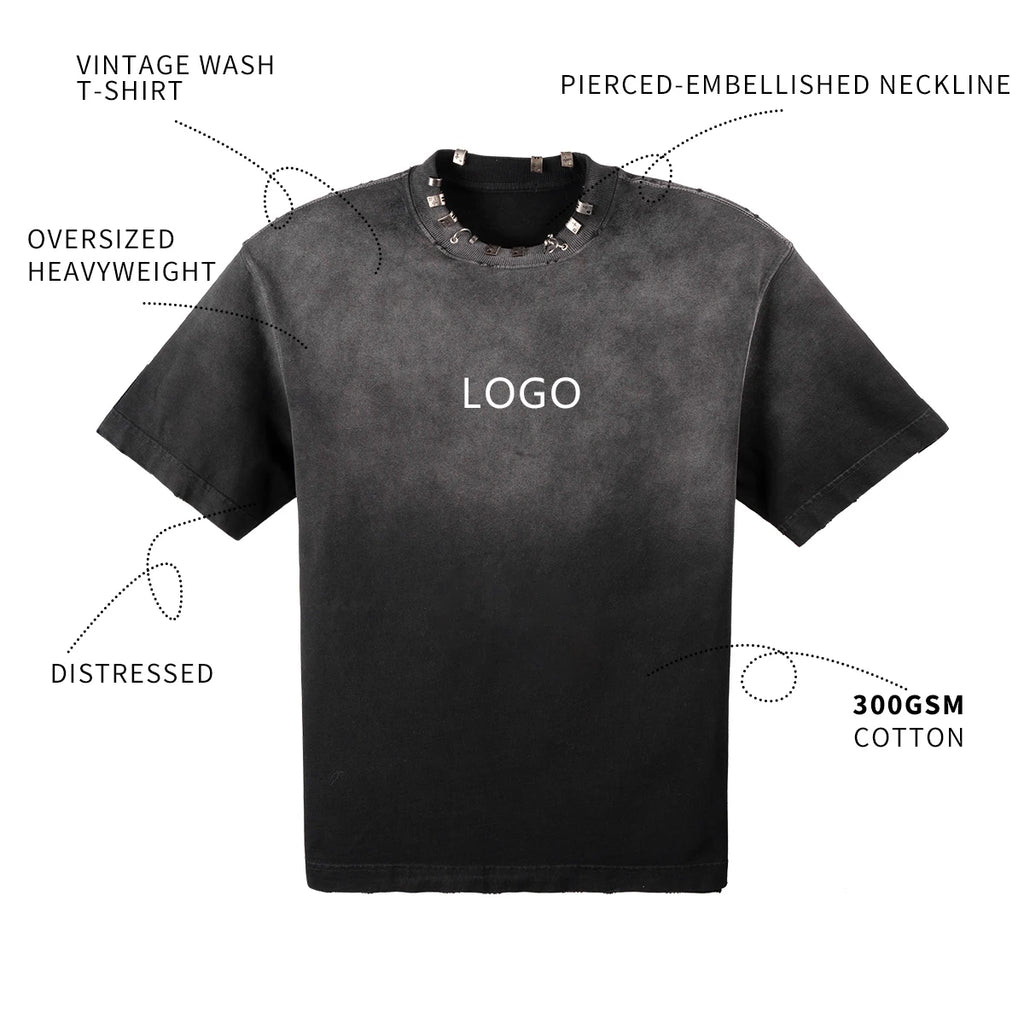 Custom Men's Oversized Vintage Distressed T-Shirt 300 Gsm Acid Washed 100% Cotton Casual Plain Jersey Heavyweight
