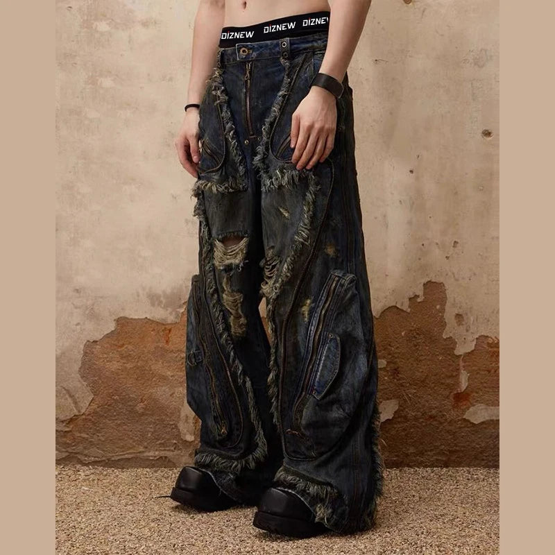 Custom Denim Straight Mid Waist Softener Fabric Vintage Heavyweight Loose Fit Plus Size Distressed Mens Patchwork White Designer