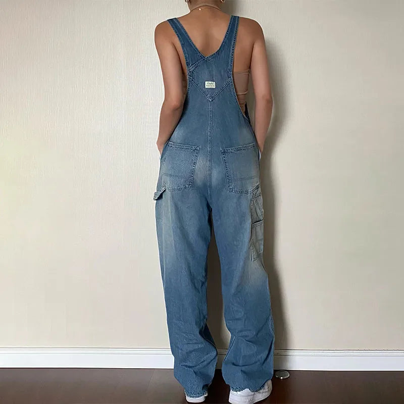 Custom Casual High-Waisted Light Wash Knitted Denim Dungarees Women's Work Overalls 480g Solid Pattern Spring
