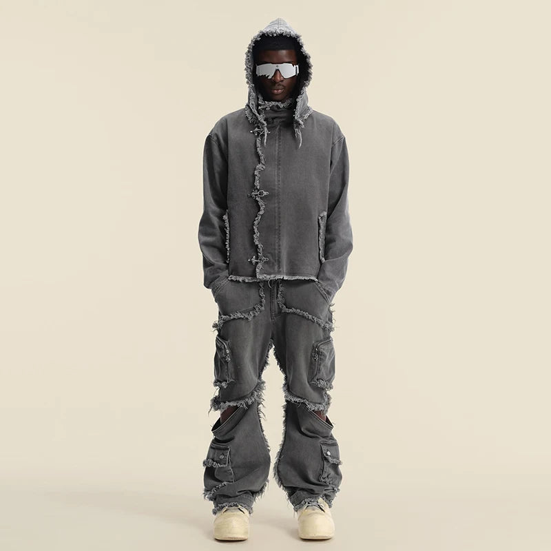 Custom Men Winter Terry Print Woven Joggers Set Vintage Distress Tracksuits with Custom Logo