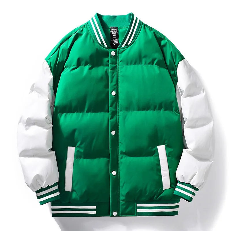 Men's Casual Winter Streetwear Puffer Jacket Color Blocked Baseball Coat with Zipper Closure Padded Nonwoven Woven Method
