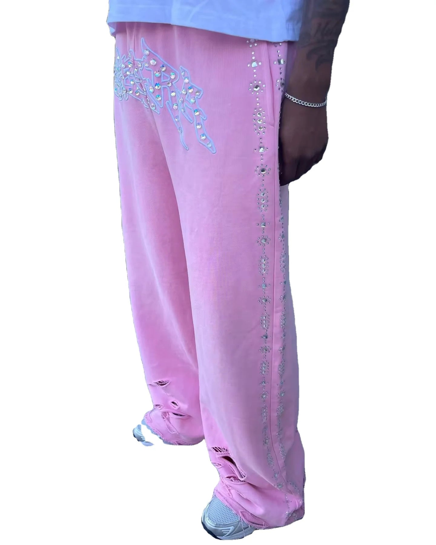Custom Manufacturer Heavyweight Mid Oversized Man Sun Faded Vintage Track Acid Washed Baggy Rhinestone 100% Cotton Sweatpants