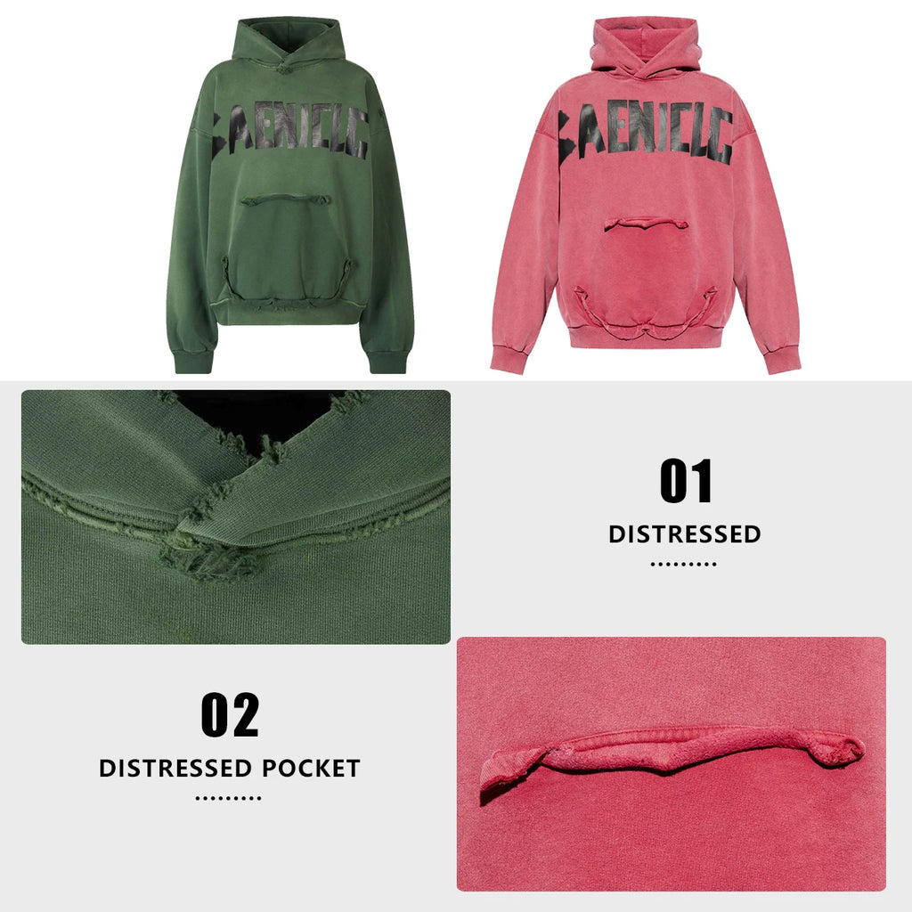Custom Men's Cotton French Terry Hoodie Heavyweight Oversized Distressed Acid Wash Streetwear Pullover Plain Hoodie for Men