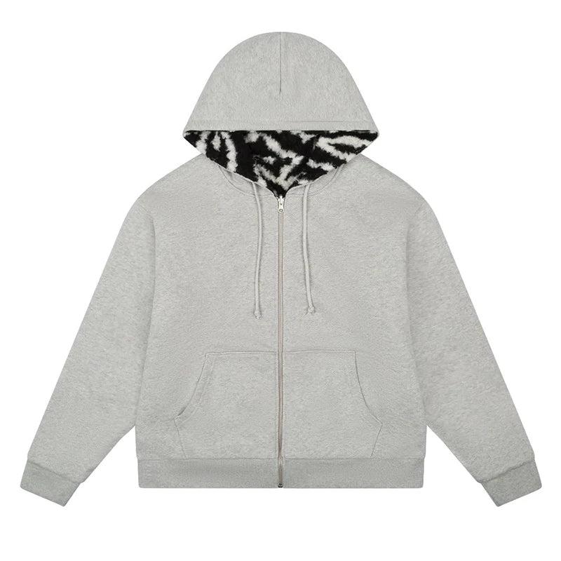 Custom Casual Oversized Winter Men's Reversible Zip-Up Hoodie with Leopard Print Heavyweight Worsted Fabric