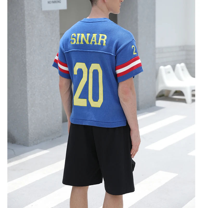 Custom LOGO Men Sweater Design Pullover Short Sleeve Football Jumper Summer V Neck Knitwear Casual Sweater Knitted Jerseys Men