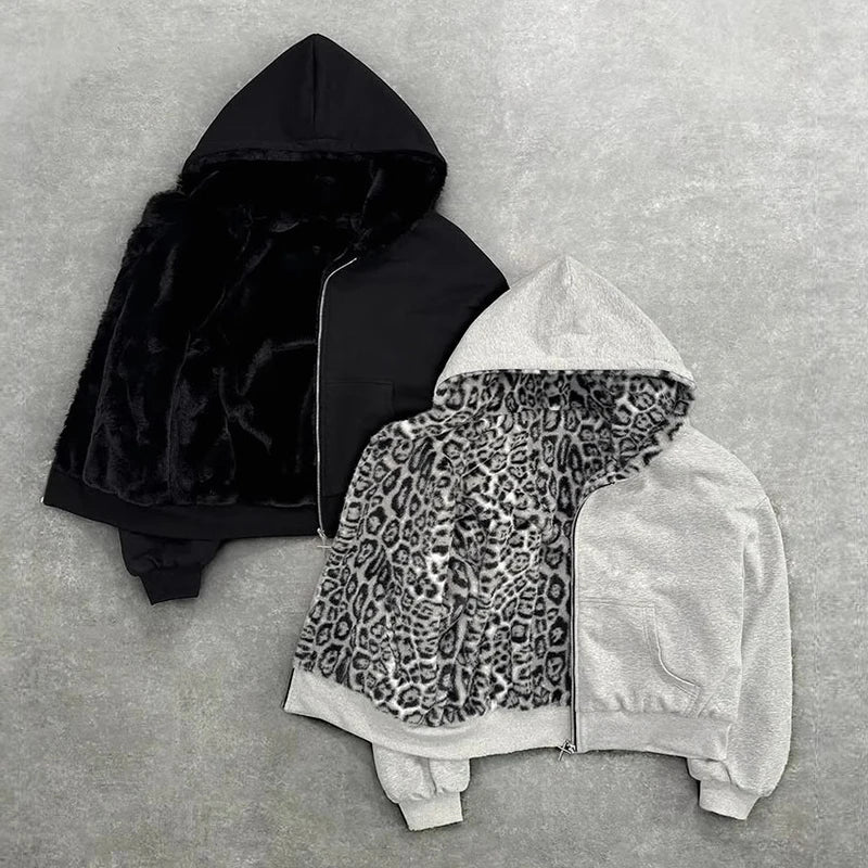 Custom Casual Oversized Winter Men's Reversible Zip-Up Hoodie with Leopard Print Heavyweight Worsted Fabric