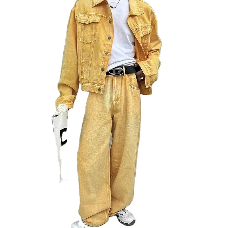 Custom Men's Casual Denim Jeans Set Two Piece Washed Denim Jacket Breathable Quick Dry Light Wash Vintage Style