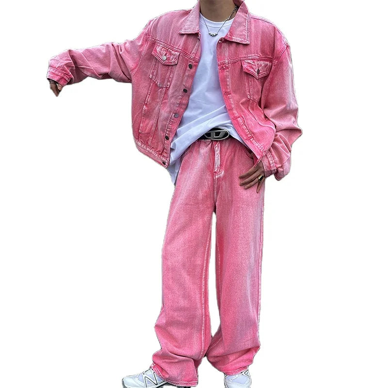 Custom Men's Casual Denim Jeans Set Two Piece Washed Denim Jacket Breathable Quick Dry Light Wash Vintage Style