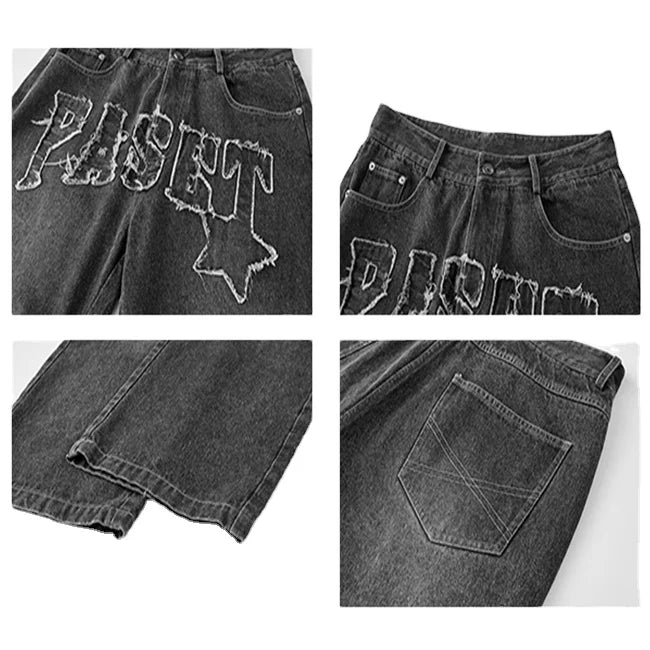 Custom Men's High Waist Baggy Denim Jeans Trousers Breathable Harem Pants with Embroidered Applique for Spring Autumn Seasons