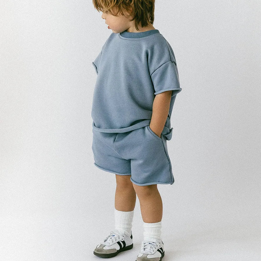 Custom Boys' Summer Casual 100% Cotton Clothing Set with Raw Hem T-Shirt and Shorts
