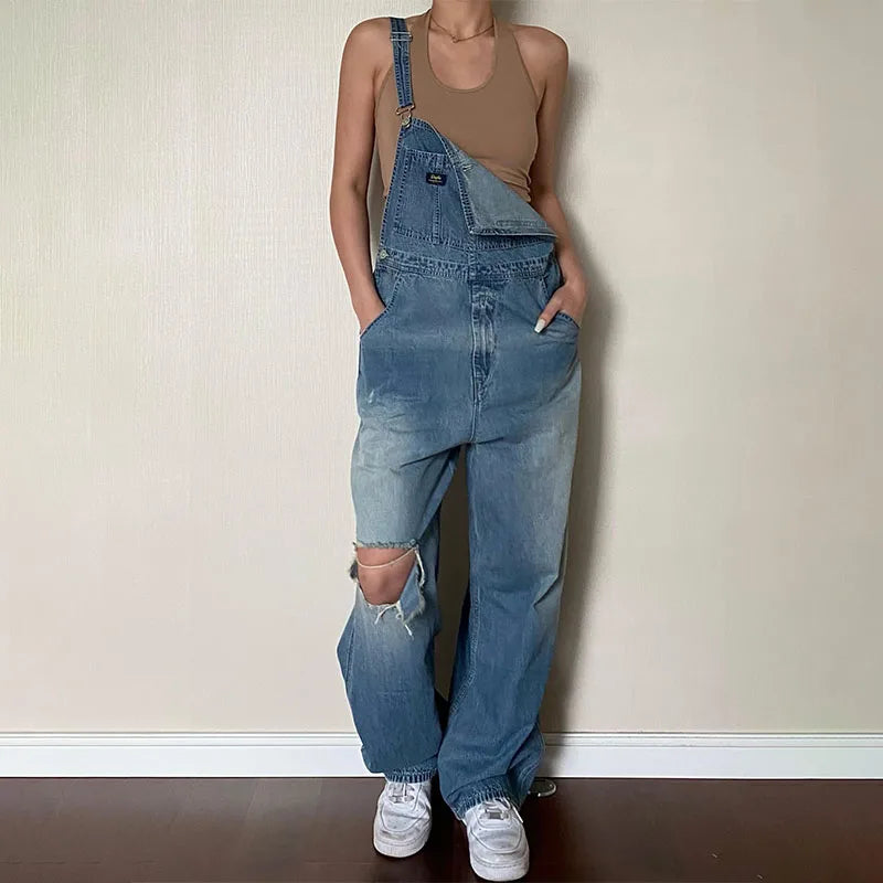 Custom Casual High-Waisted Light Wash Knitted Denim Dungarees Women's Work Overalls 480g Solid Pattern Spring