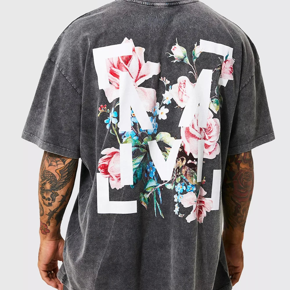 Acid Wash Funky Streetwear Summer Oversize Neutral Colour Cotton Premium Flower Luxury Tshirt for Men Custom