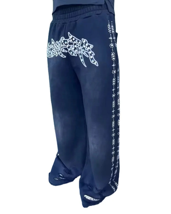Custom Manufacturer Heavyweight Mid Oversized Man Sun Faded Vintage Track Acid Washed Baggy Rhinestone 100% Cotton Sweatpants