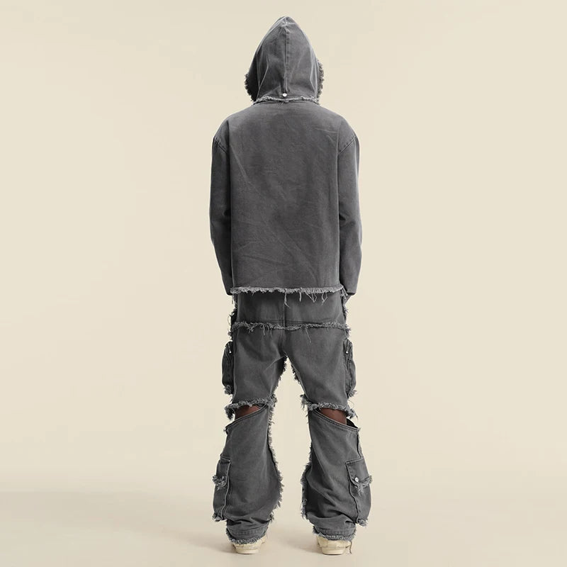 Custom Men Winter Terry Print Woven Joggers Set Vintage Distress Tracksuits with Custom Logo