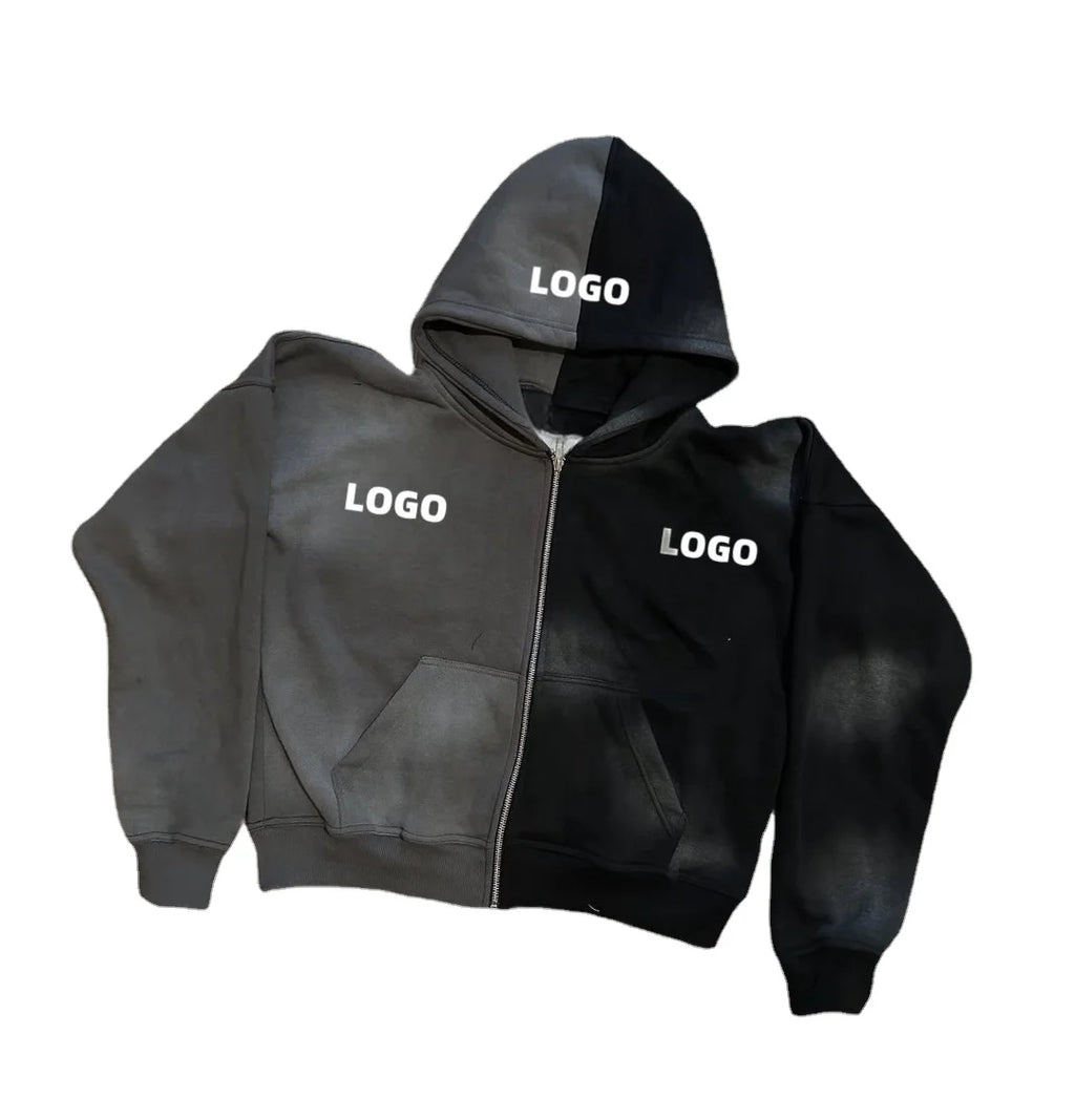 Custom Distressed Embroidery Acid Wash Faded Flared Sweatsuit Set Raw Hem Hooded Sweatpants Applique Patches Winter Tracksuit