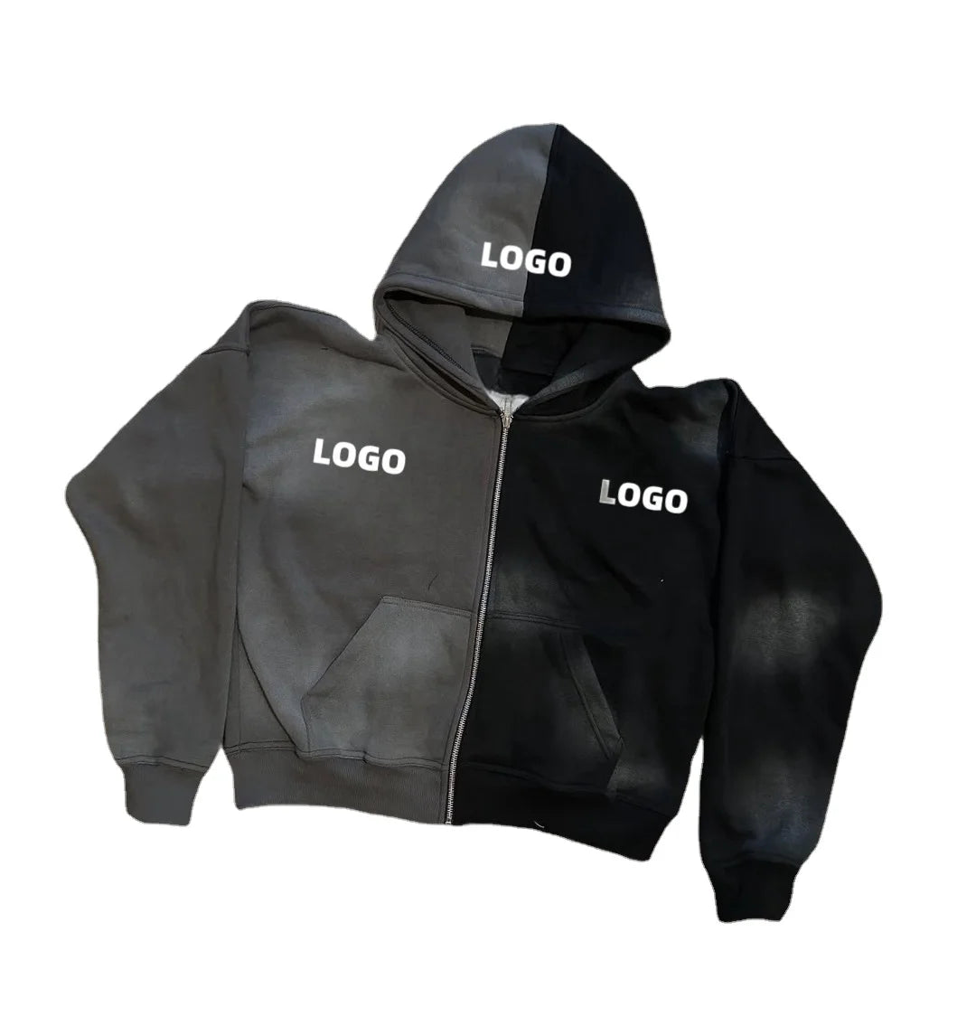 Custom Distressed Embroidery Acid Wash Faded Flared Sweatsuit Set Raw Hem Hooded Sweatpants Applique Patches Winter Tracksuit