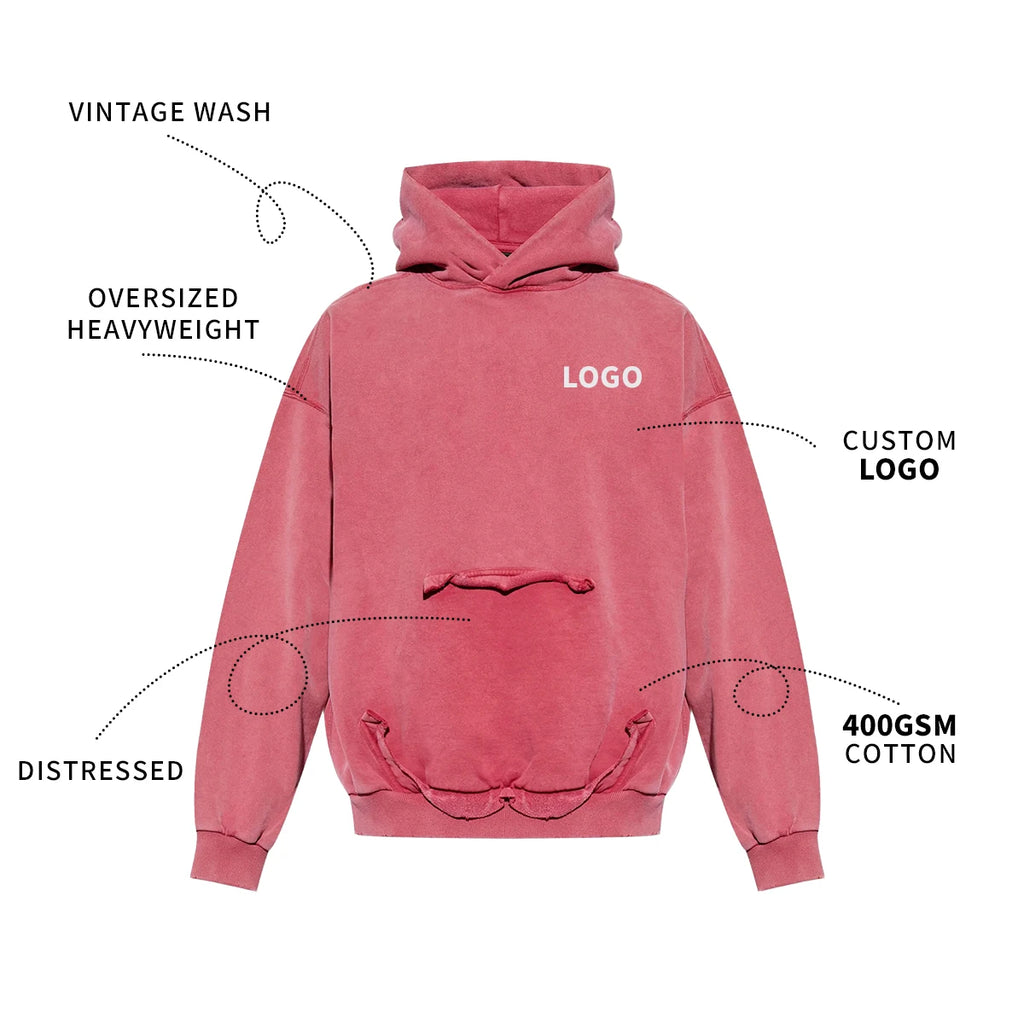 Custom Men's Cotton French Terry Hoodie Heavyweight Oversized Distressed Acid Wash Streetwear Pullover Plain Hoodie for Men