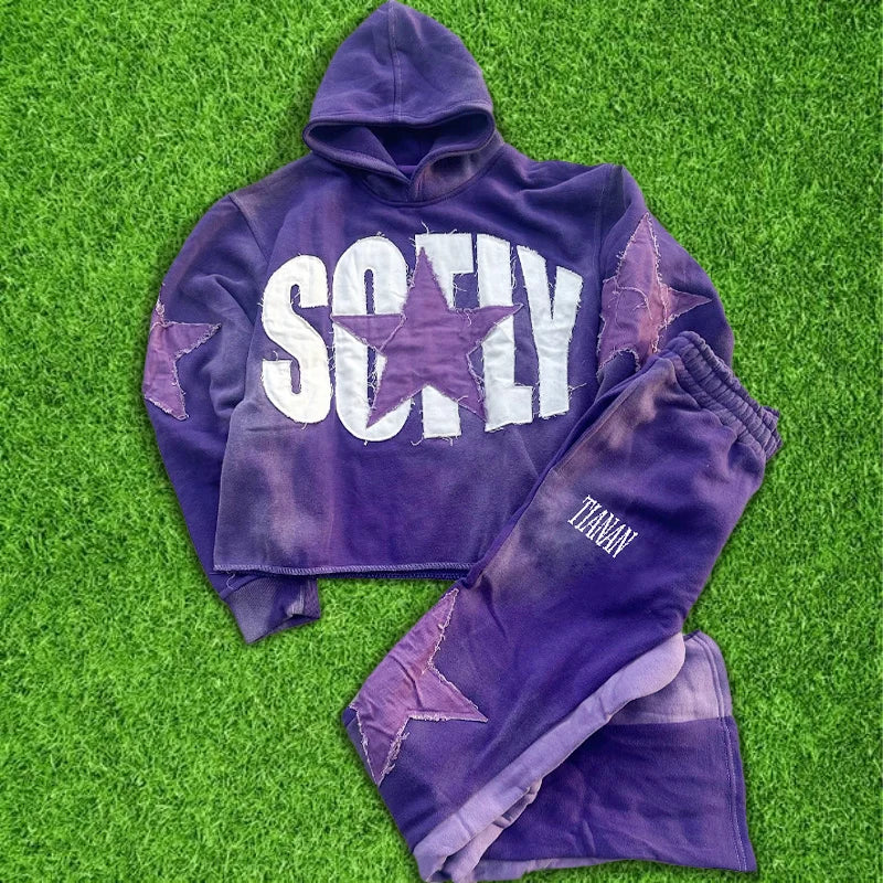 Custom High Quality Autumn Streetwear Cotton Hoodie Cropped Distressed Embroidery Heavyweight 500g Acid Wash Sweatshirt Set Men