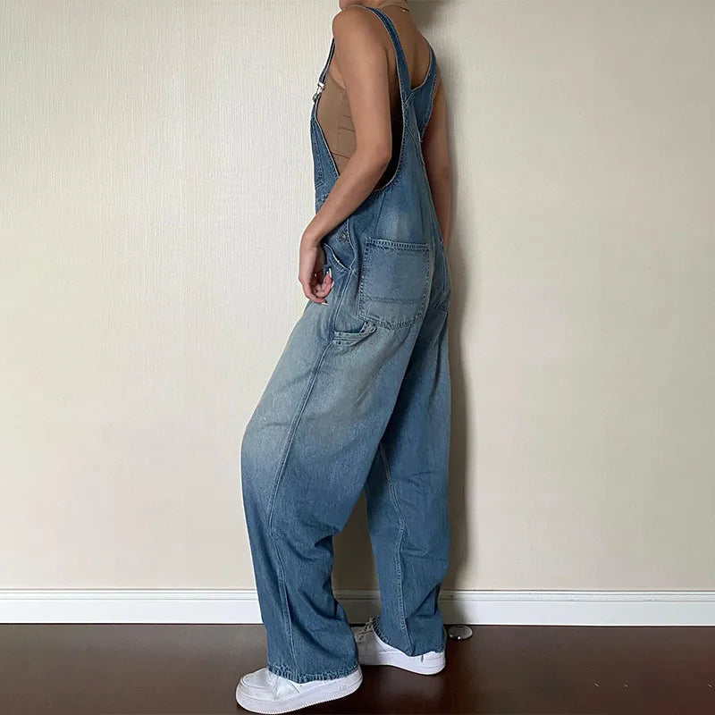 Custom Casual High-Waisted Light Wash Knitted Denim Dungarees Women's Work Overalls 480g Solid Pattern Spring