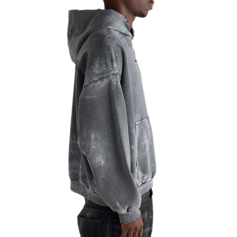 Custom Men's Heavyweight Hooded Zip-Up Acid Wash Hoodie 100% Organic Cotton Letter Pattern Distressed Casual for Spring Season
