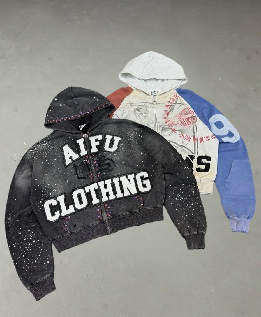 Unisex Oversized Acid Washed Zip-up Hoodie Streetwear Custom Logo Print 100% Cotton Heavyweight Vintage Boxy Graphic Autumn