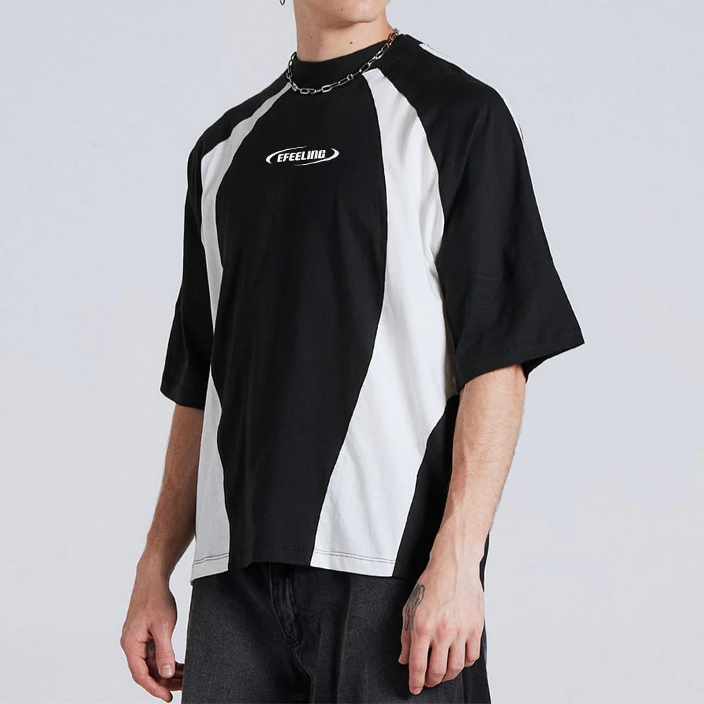 Vintage Y2K Two Tone T Shirt Custom Embroidered Logo Baggy Man Patchwork Tshirt Piping Stitching Customization Streetwear