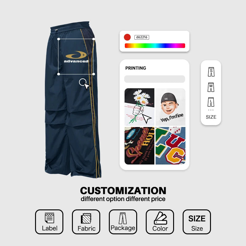 Custom Worsted Patchwork Casual Stacked Jogger Track Pants Baggy Streetwear Y2K Flared Sweatpants Mid High Zipper Fly Men