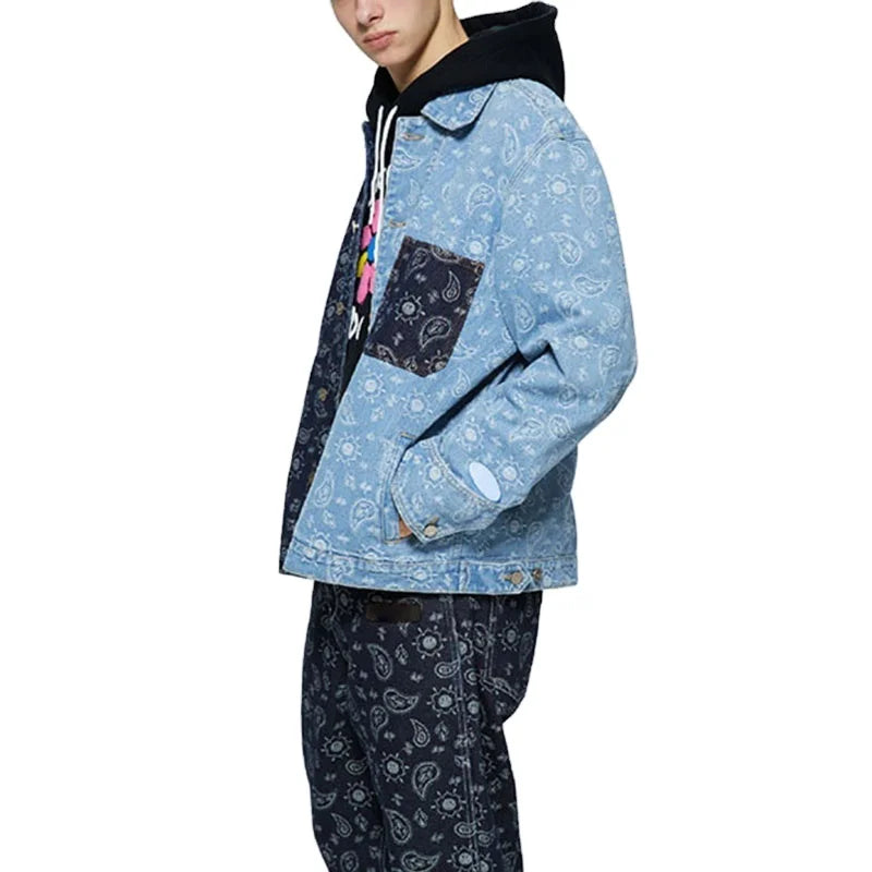Unisex Custom 100% Cotton Paisley Jacquard Patchwork Denim Jacket for Men for Spring