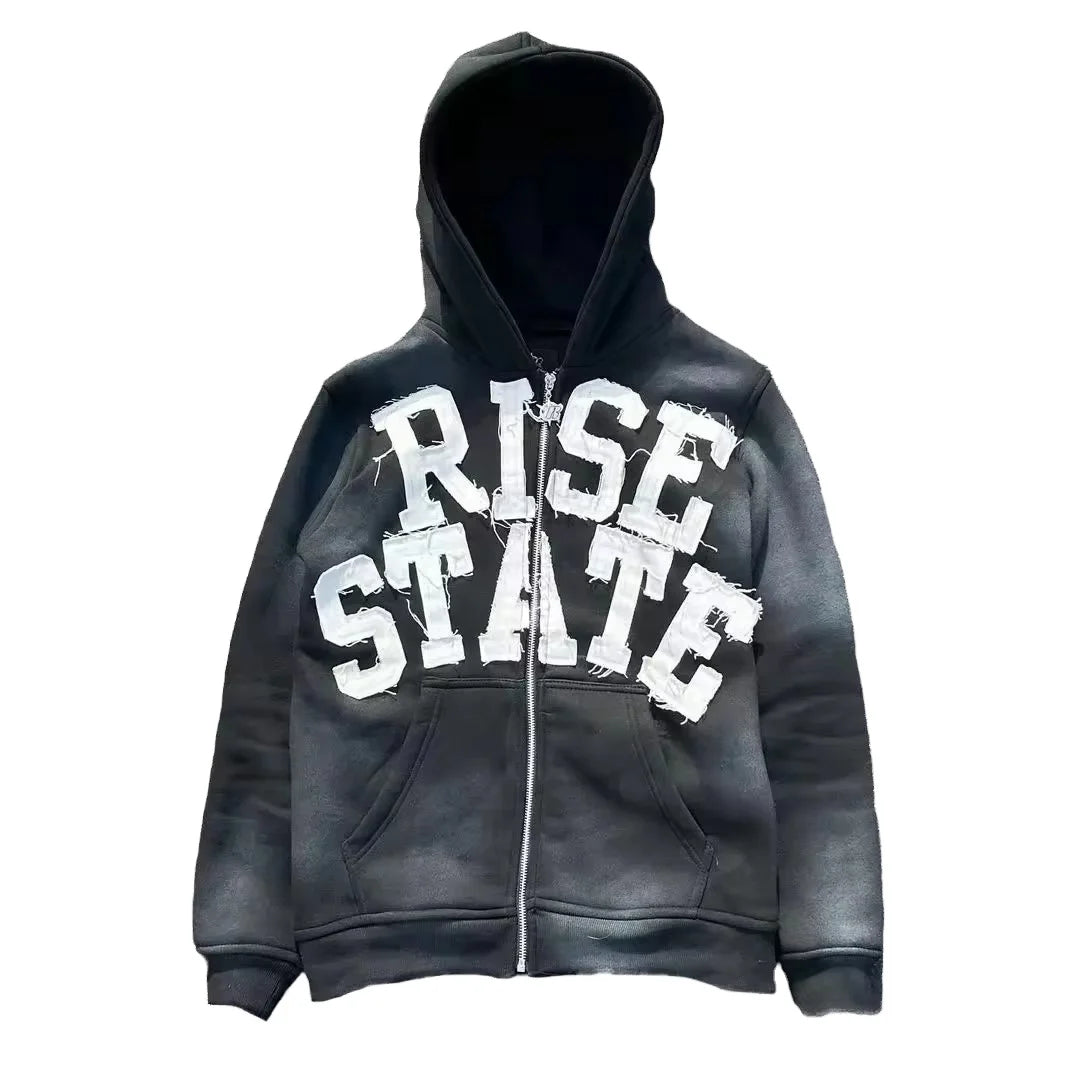 Rainbow Spray Custom LOGO Patch Embroidery Faded French Terry Distressed Zip up Acid Wash 100% Cotton Autumn Hoodie