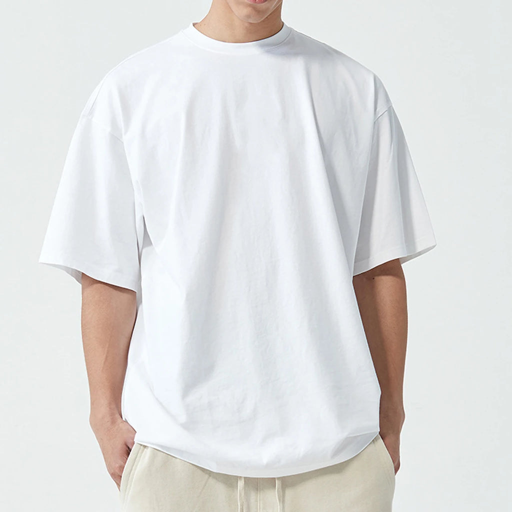 Blank 100% Cotton T-shirt Boxy Luxury Drop Shoulder Heavyweight 320 Gsm Thick High Collar Custom logo t Shirts for Men