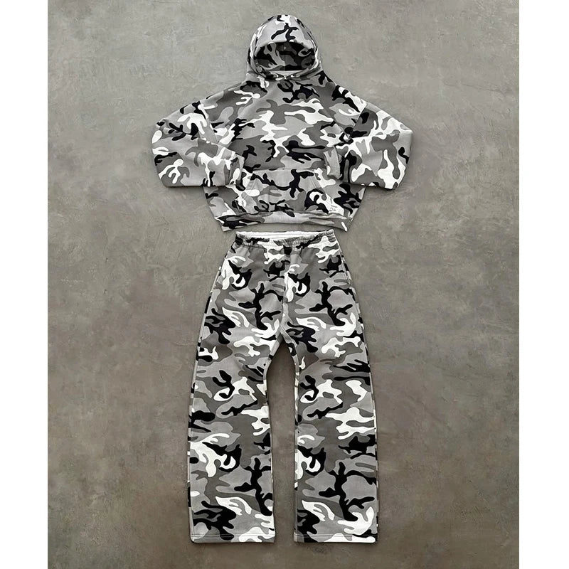 Custom Camo Printed Hooded Casual 400 Gsm Tracksuit Set for Men Oversized 2-Piece Sweat Suit Camouflage Sweatsuits