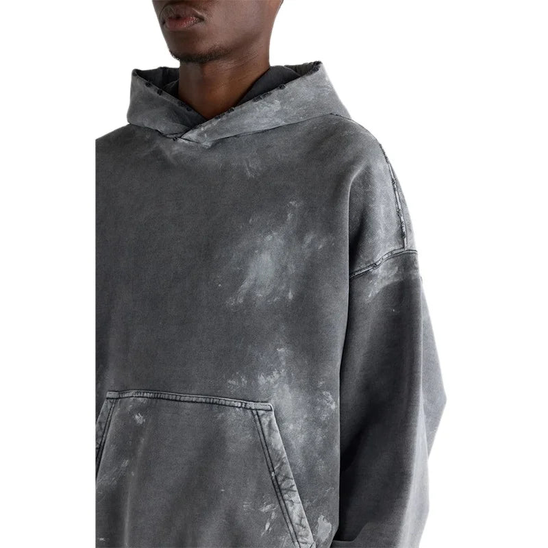 Custom Men's Heavyweight Hooded Zip-Up Acid Wash Hoodie 100% Organic Cotton Letter Pattern Distressed Casual for Spring Season