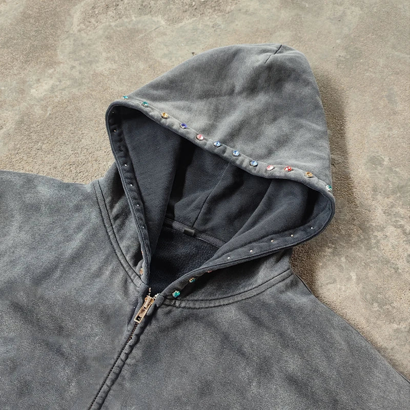 Custom Streetwear Cotton French Terry Vintage Print Rhinestone Heavyweight Oversized Acid Wash Custom Hoodies