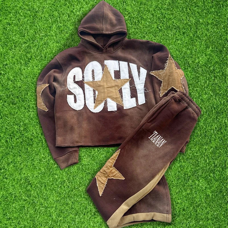 Custom High Quality Autumn Streetwear Cotton Hoodie Cropped Distressed Embroidery Heavyweight 500g Acid Wash Sweatshirt Set Men