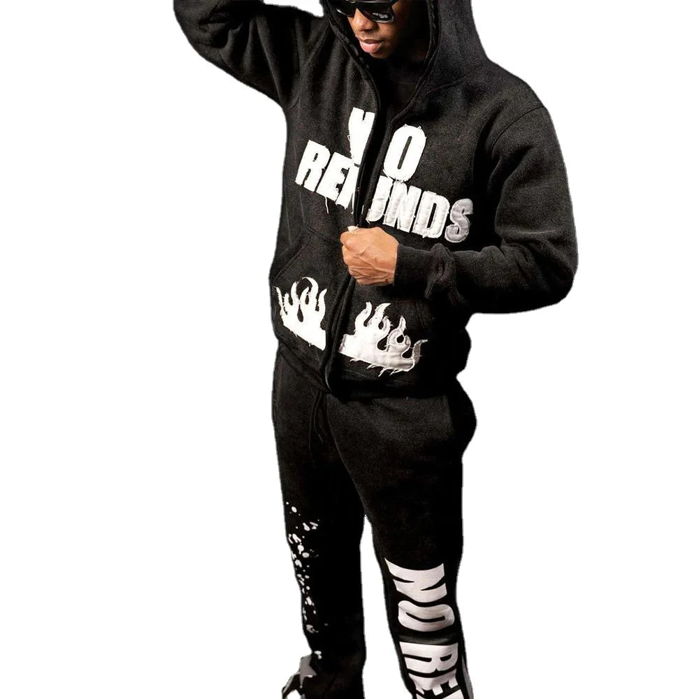 Custom Logo High Quality French Terry Embroidery Sweatpants Hoodie Jogger Set Zip-Up Acid Wash Sun-Faded Tracksuit Men Autumn