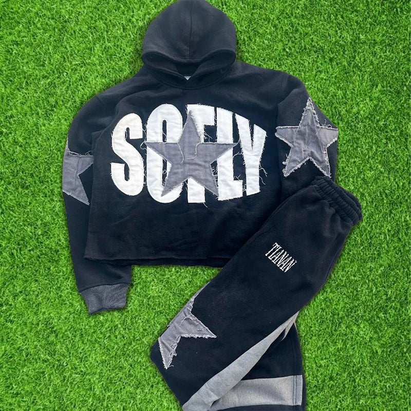 Custom High Quality Autumn Streetwear Cotton Hoodie Cropped Distressed Embroidery Heavyweight 500g Acid Wash Sweatshirt Set Men