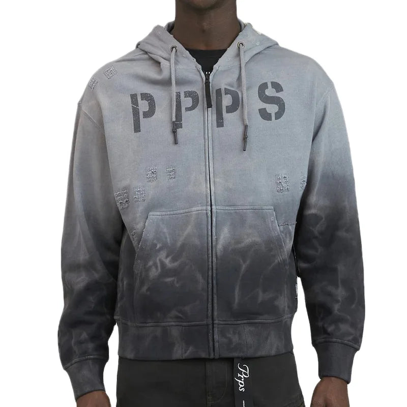 Custom Men's Heavyweight Hooded Zip-Up Acid Wash Hoodie 100% Organic Cotton Letter Pattern Distressed Casual for Spring Season