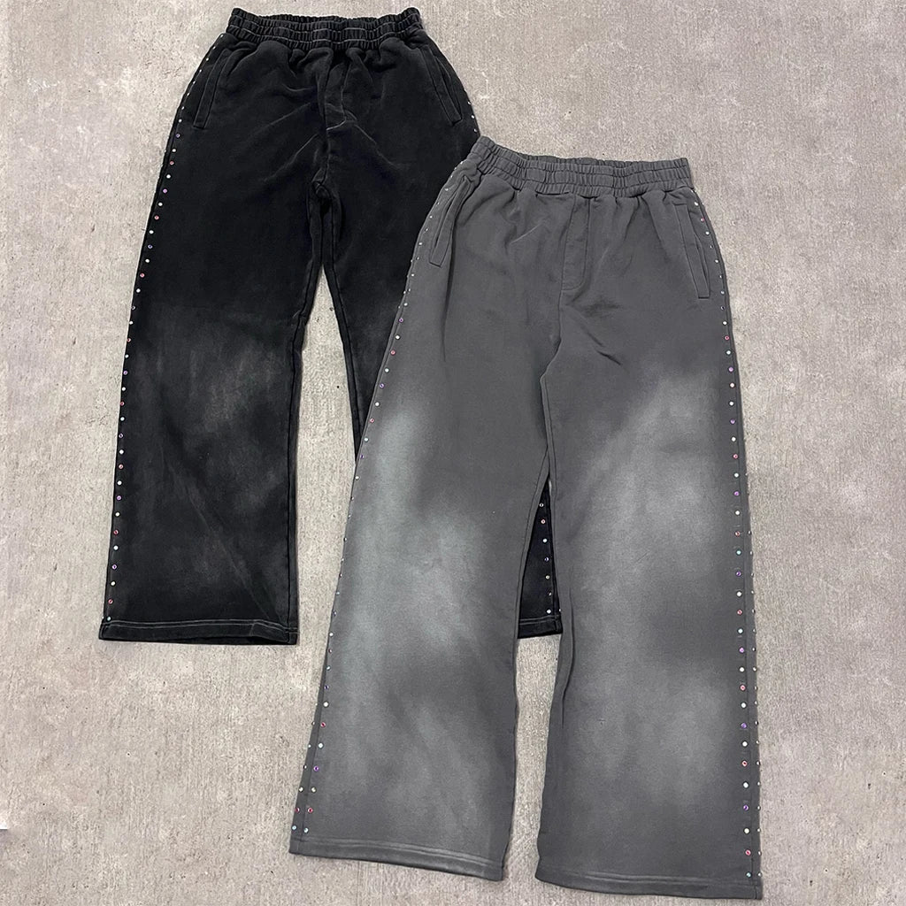 Men's Hoodies Rhinestone 100% Cotton Sweatpants and Hoodie Acid Wash Set Oversized Full Zip up Custom Heavyweight for Men