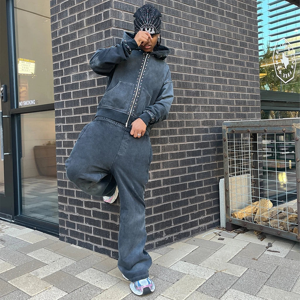 Men's Hoodies Rhinestone 100% Cotton Sweatpants and Hoodie Acid Wash Set Oversized Full Zip up Custom Heavyweight for Men
