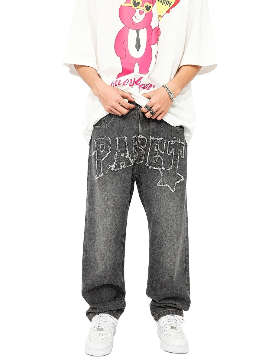 Custom Men's High Waist Baggy Denim Jeans Trousers Breathable Harem Pants with Embroidered Applique for Spring Autumn Seasons