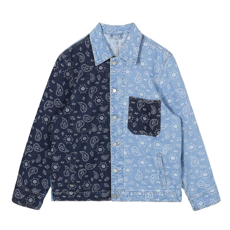 Unisex Custom 100% Cotton Paisley Jacquard Patchwork Denim Jacket for Men for Spring