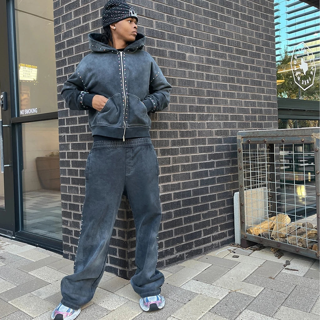 Men's Hoodies Rhinestone 100% Cotton Sweatpants and Hoodie Acid Wash Set Oversized Full Zip up Custom Heavyweight for Men