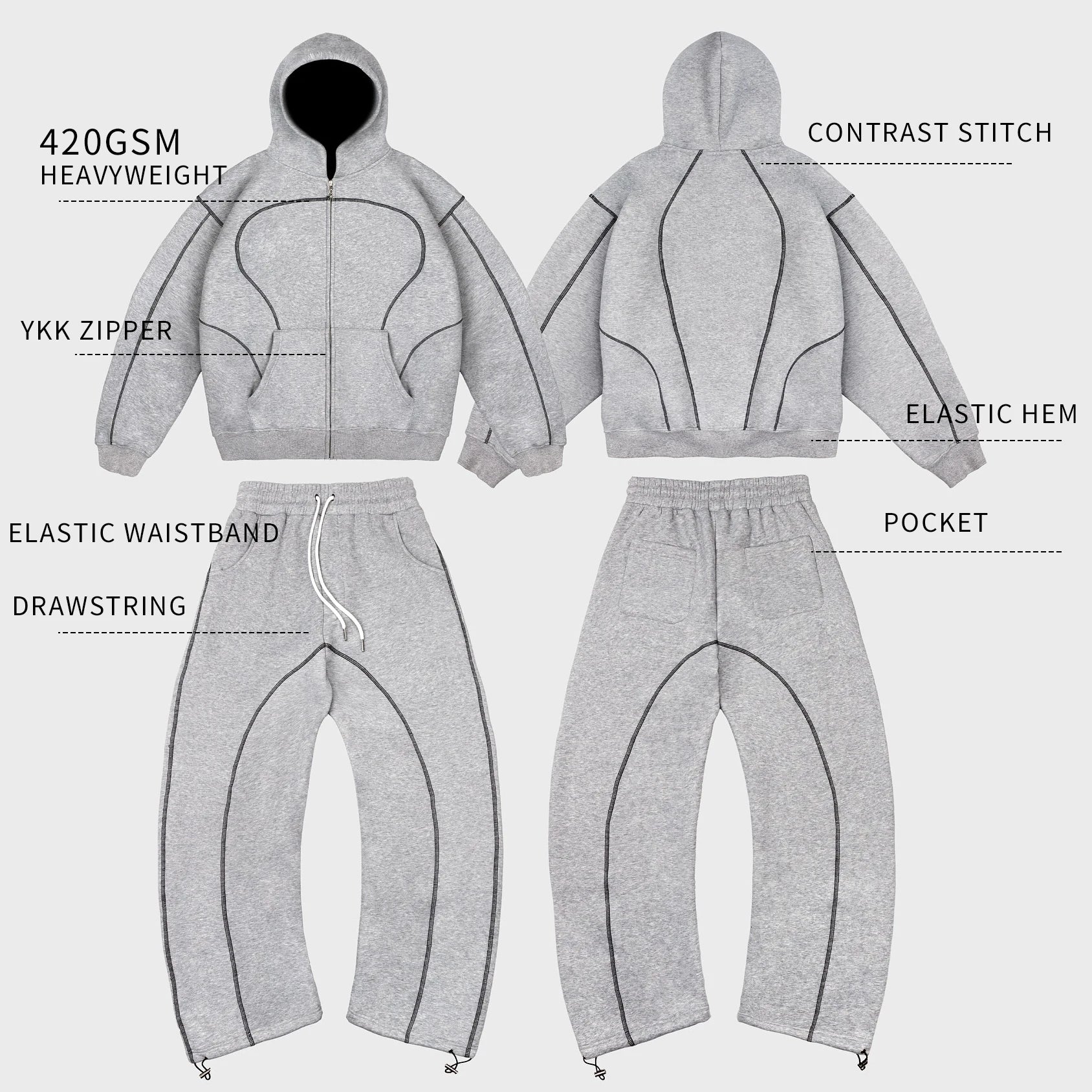 Custom Men's Sweatpants Hoodie Set Design Oversized Breathable Digital Printing Zip-Up Hoodie 500gsm Streetwear Casual