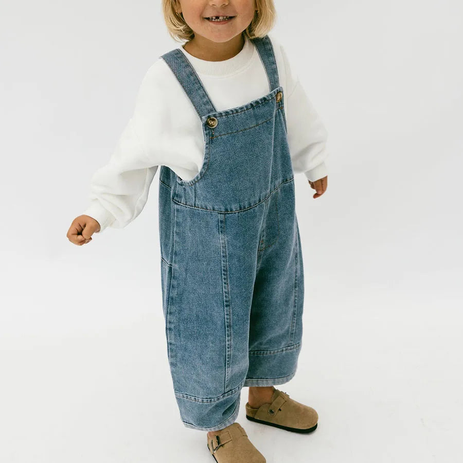 Custom Casual Solid Sleeveless Washable Girl's Kids Denim Overalls and Jeans Set with Front Logo
