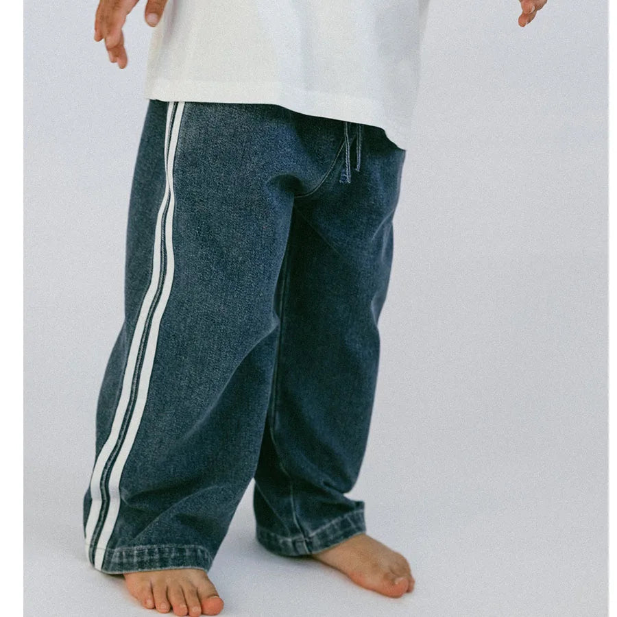 Custom Children's Boys' Denim Straight Jeans Casual Drawstring Closure Regular Fit High Quality Mid Waist Light Wash Solid