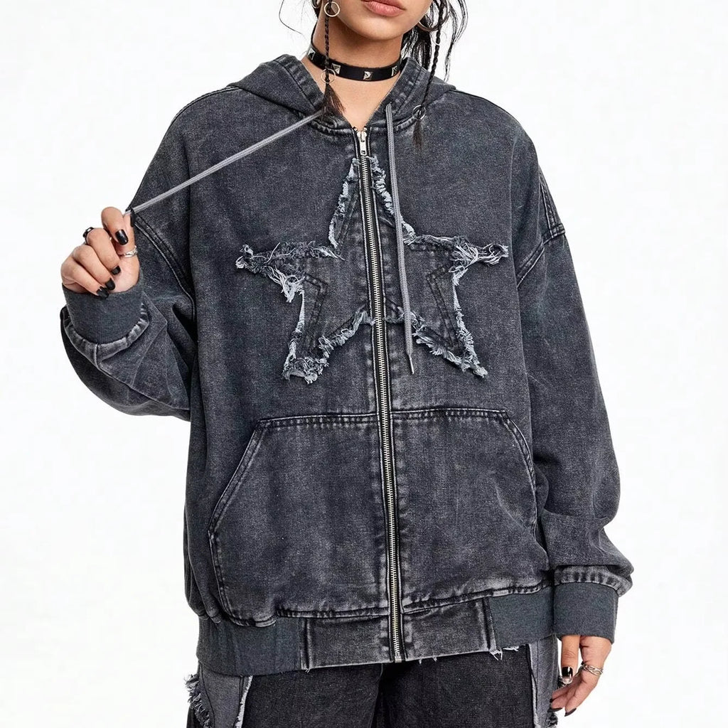 Custom Oversized Distressed Sweatshirt Drawstring Hoodies Denim Hoodie Hooded Zip up Acid Washed Hoodie for Women