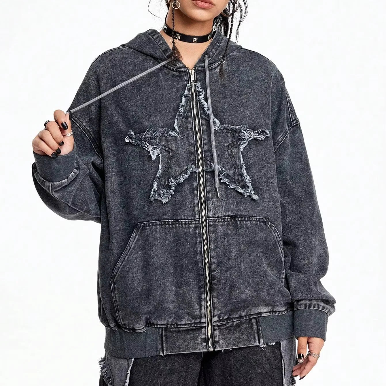 Custom Oversized Distressed Sweatshirt Drawstring Hoodies Denim Hoodie Hooded Zip up Acid Washed Hoodie for Women