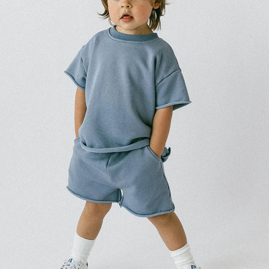 Custom Boys' Summer Casual 100% Cotton Clothing Set with Raw Hem T-Shirt and Shorts