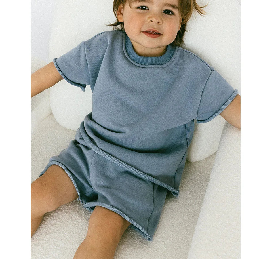 Custom Boys' Summer Casual 100% Cotton Clothing Set with Raw Hem T-Shirt and Shorts