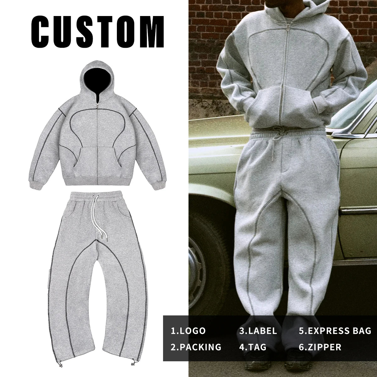 Custom Men's Sweatpants Hoodie Set Design Oversized Breathable Digital Printing Zip-Up Hoodie 500gsm Streetwear Casual